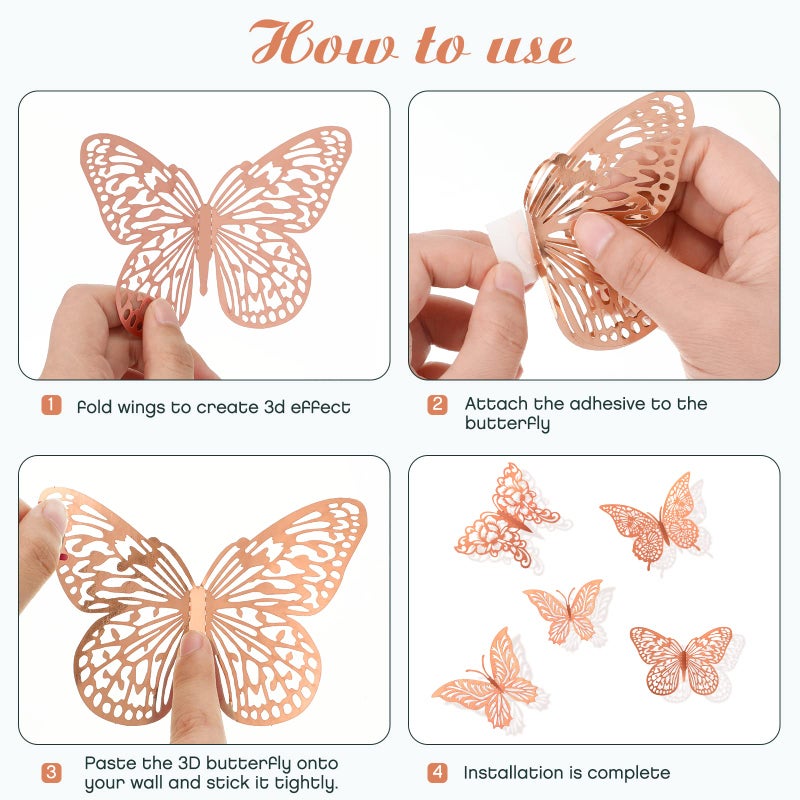 XUNXMAS 3D Gold Butterfly Wall Decor 3 Sizes 4 Styles Butterfly Party Decorations Cake Decorations Removable Stickers Wall Decor Room Mural Metallic Kids (Rose Gold, 96Pcs) - Image 4